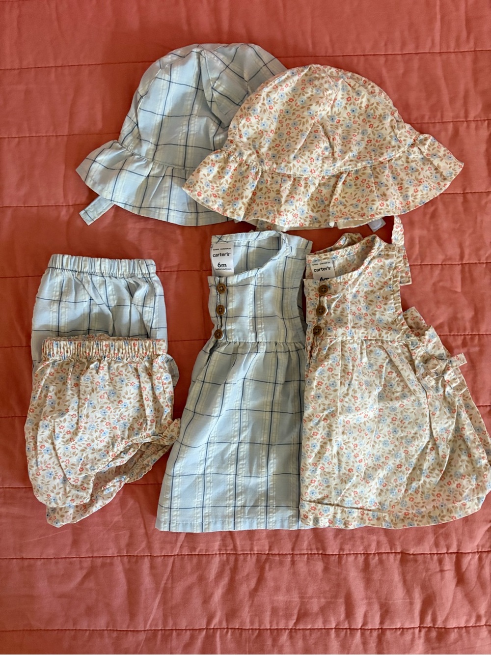 Carter's Blue Plaid & Floral Baby Matching Hat Dress Sets